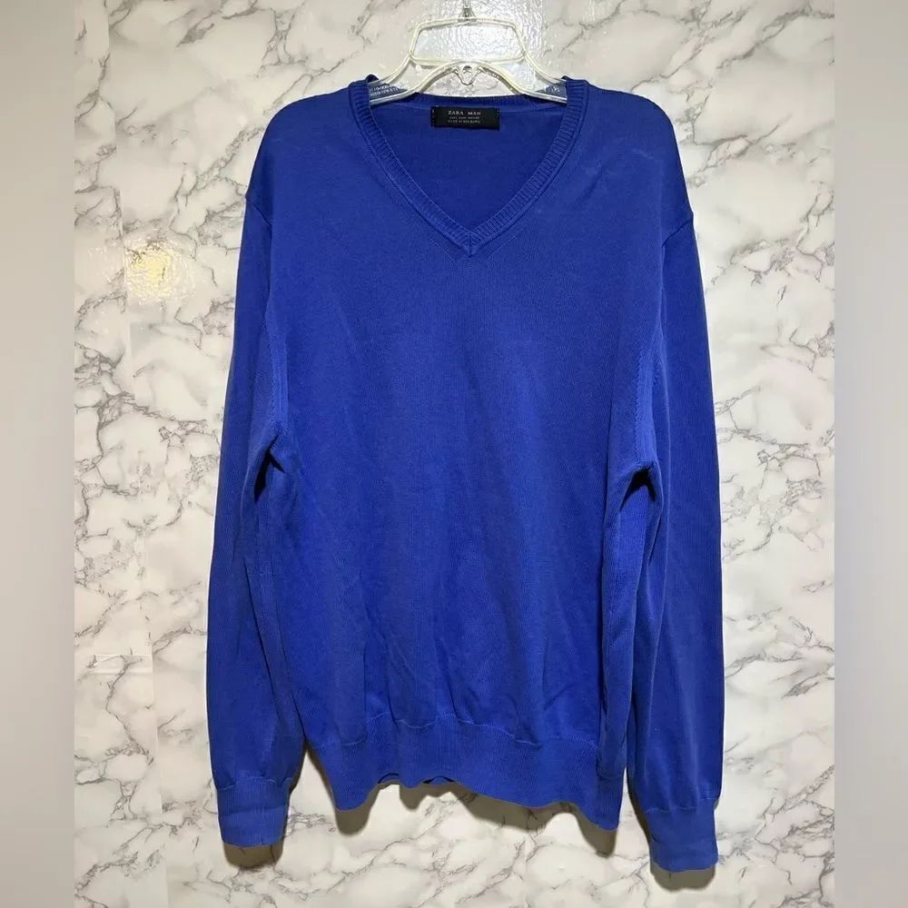 Zara Man Sweater Large Blue Fine Cotton V-neck Longsleeve Bulgaria